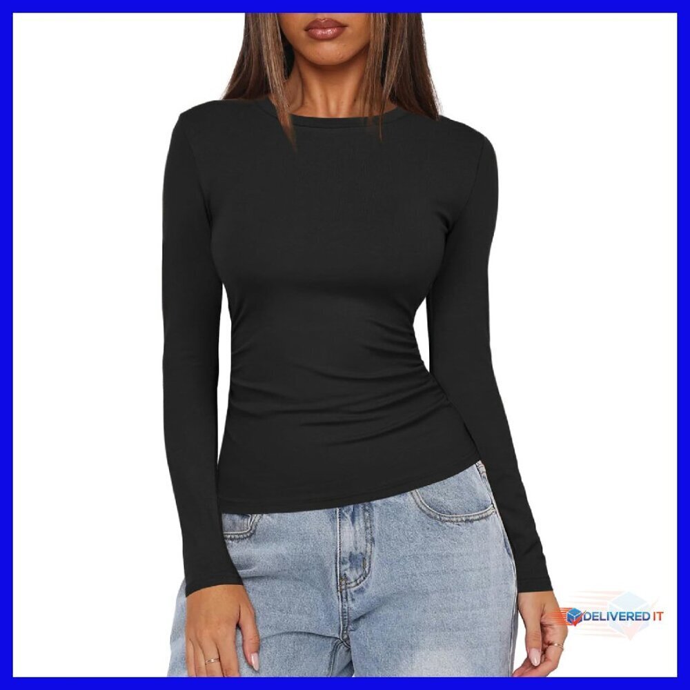 Long Sleeve Crew Neck Slim Fit Ruched Side Tee Women's Casual Top
